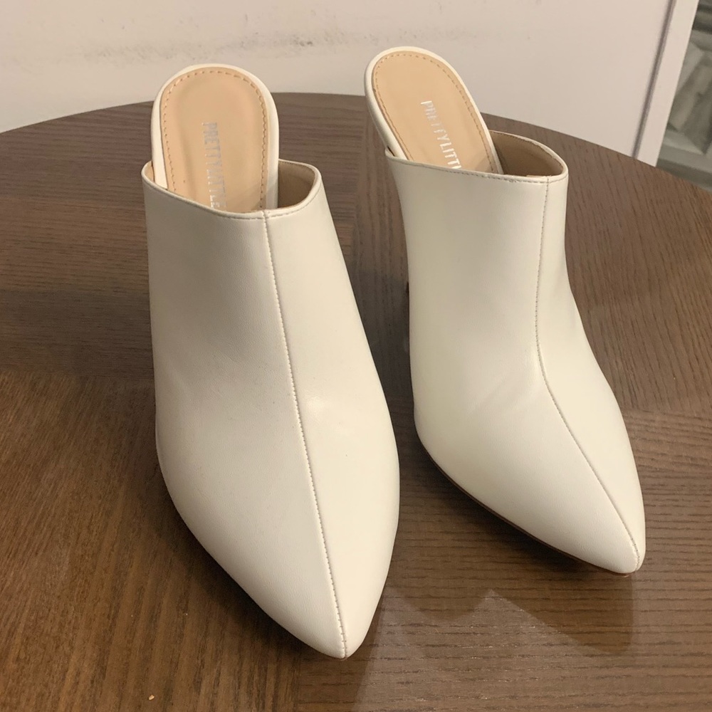 PrettyLittleThing Heeled White Mule, Size 8